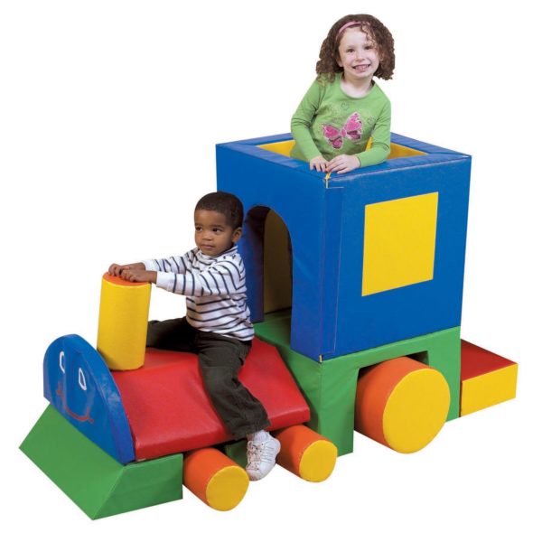 children on train block set