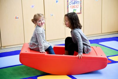 Balancing activities can travel indoors or outdoors with the Red Rocker-Toddler Bridge