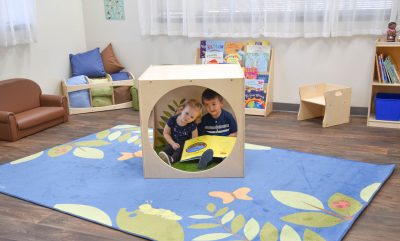 Nature Reading Cube and the Friendly Fern Rug for Biophilic Design for Classrooms